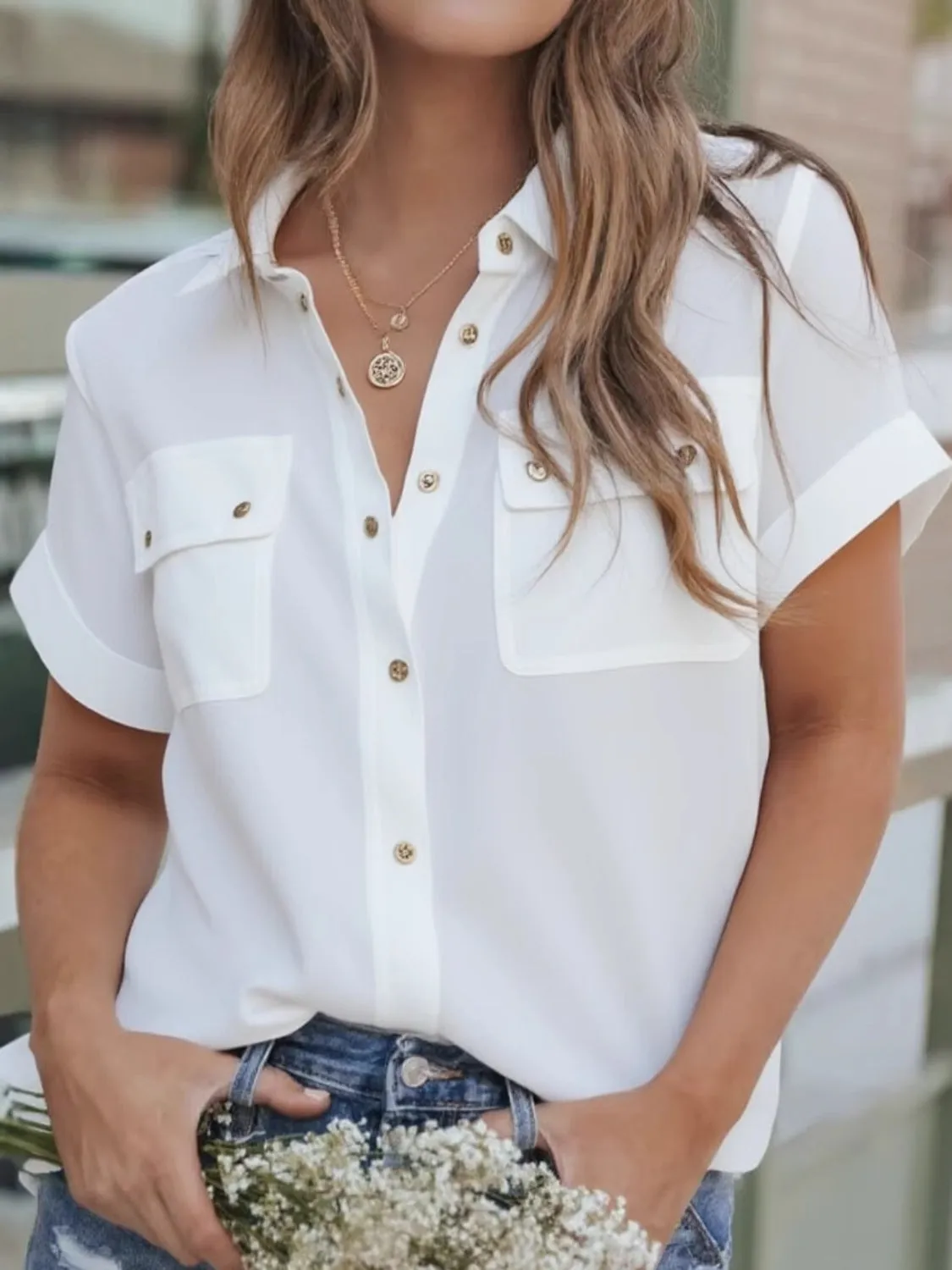 Full Size Snap Down Collared Neck Short Sleeve Shirt (2 Colors)