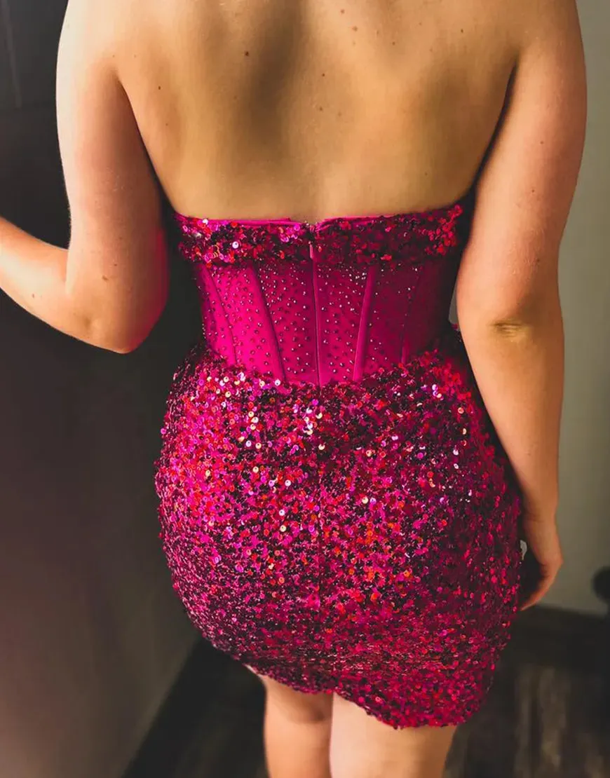 Glitter Fuchsia Strapless Sequins Corset Homecoming Dress