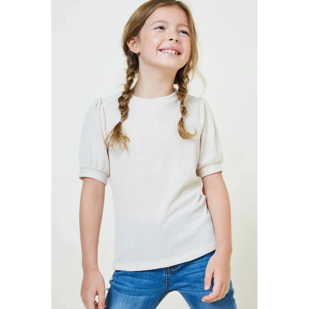 Hayden Girls Cream Ribbed Puff Sleeve Tee