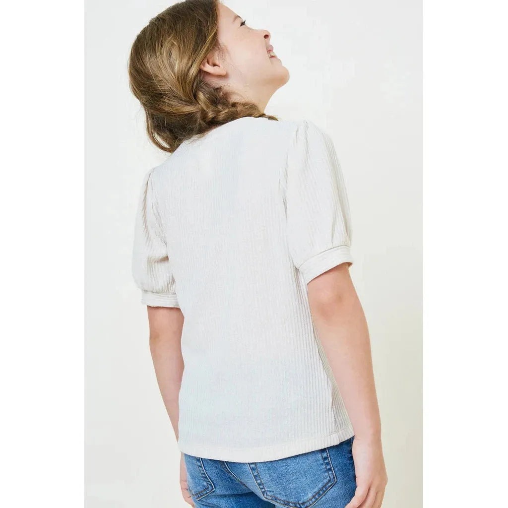 Hayden Girls Cream Ribbed Puff Sleeve Tee