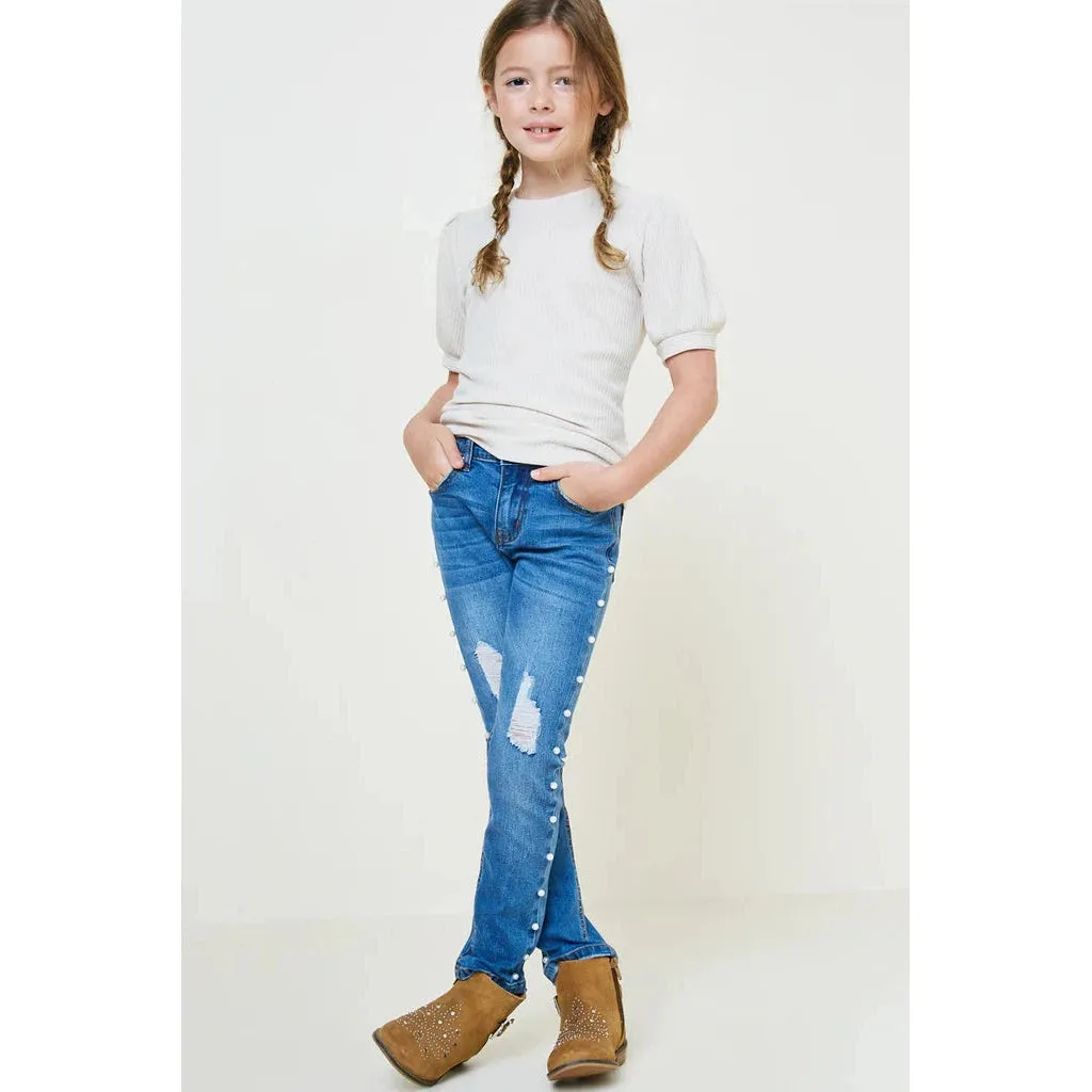 Hayden Girls Cream Ribbed Puff Sleeve Tee
