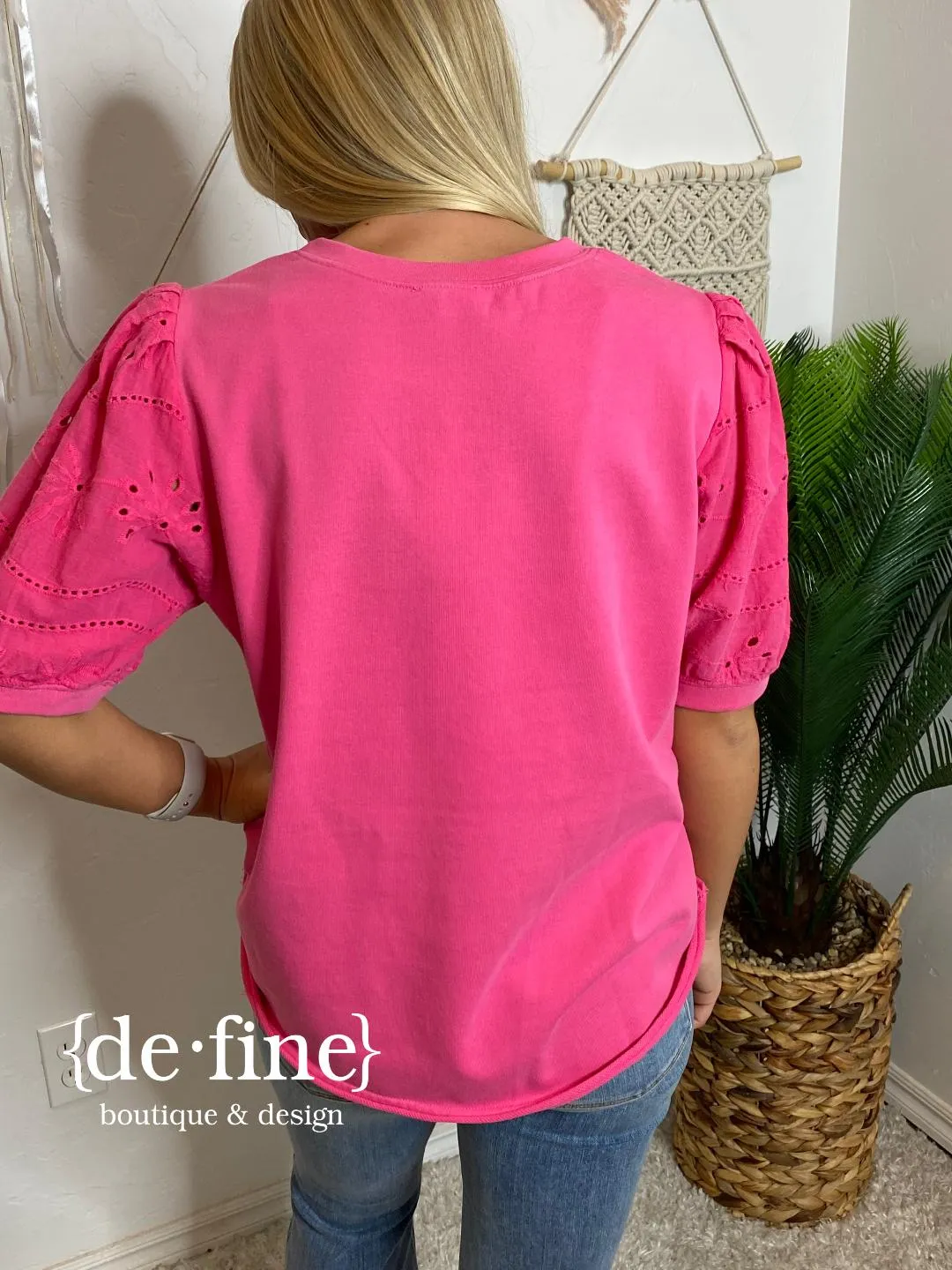 Hot Pink Tee with Eyelet Puff Sleeves