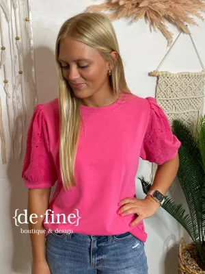 Hot Pink Tee with Eyelet Puff Sleeves