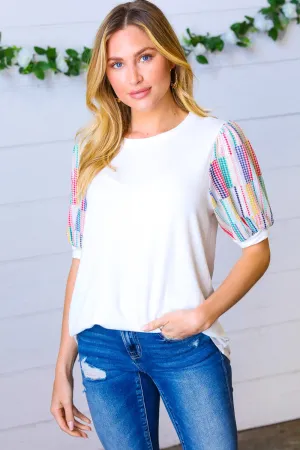Ivory Multicolor Vertical Stripe Puff Sleeve Top