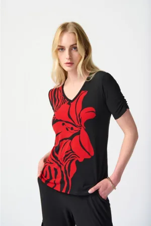 Joseph Ribkoff Black/Red Two-Tone Floral Print Shirred Sleeve Top 241138