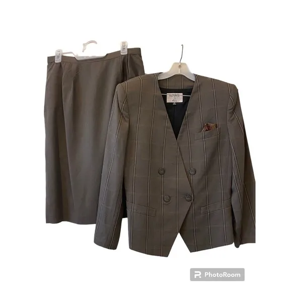 Kasper ASL Business Suit Long Sleeve Dbl Breasted Lined 14 Brn Window Pane NEW