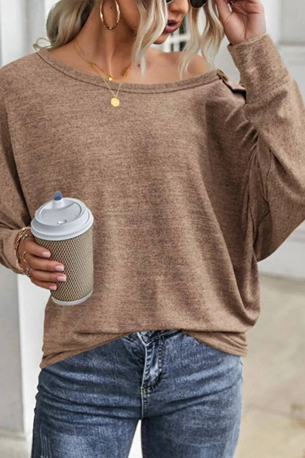 Khaki Solid Color Button Decor Dolman Sleeve Top