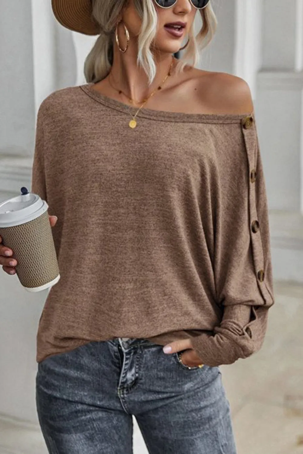 Khaki Solid Color Button Decor Dolman Sleeve Top