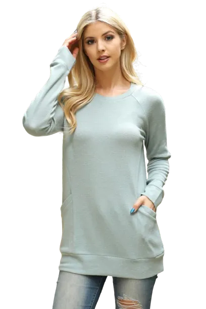 Knit Front Pocket Long Sleeve Top Sage - Pack of 4