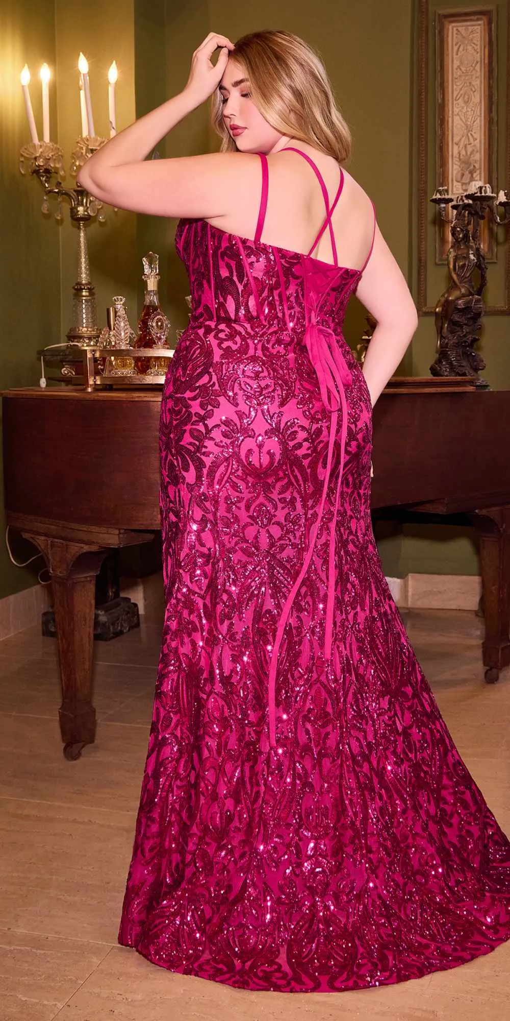 Ladivine CM334 Long Fitted Sheath Floral Sequin Motif Gown Corset Bodice