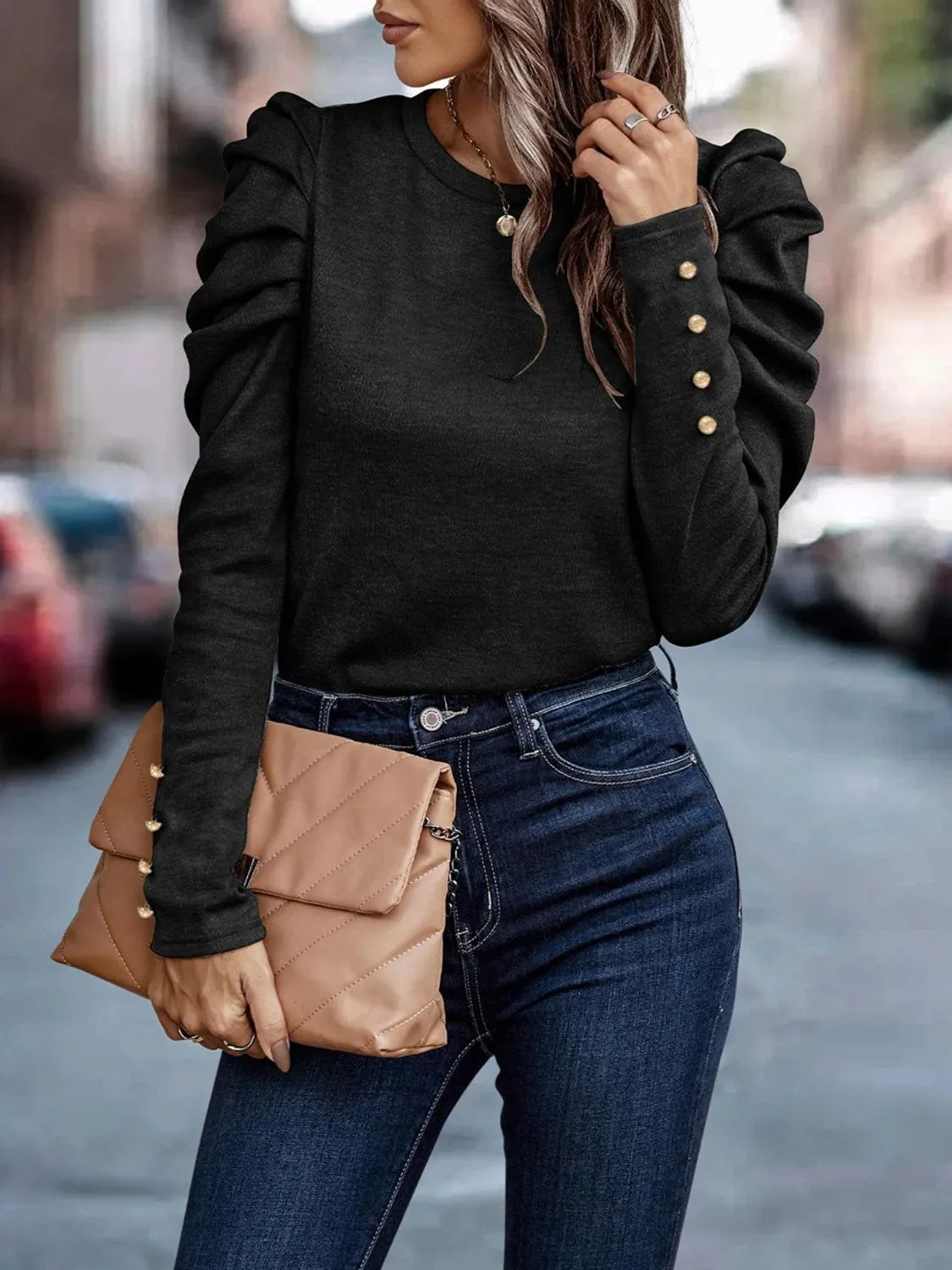 Larissa Decorative Button Puff Sleeve T-Shirt