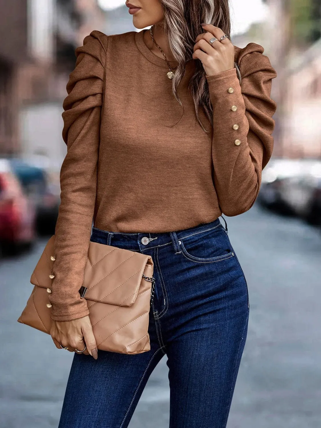 Larissa Decorative Button Puff Sleeve T-Shirt