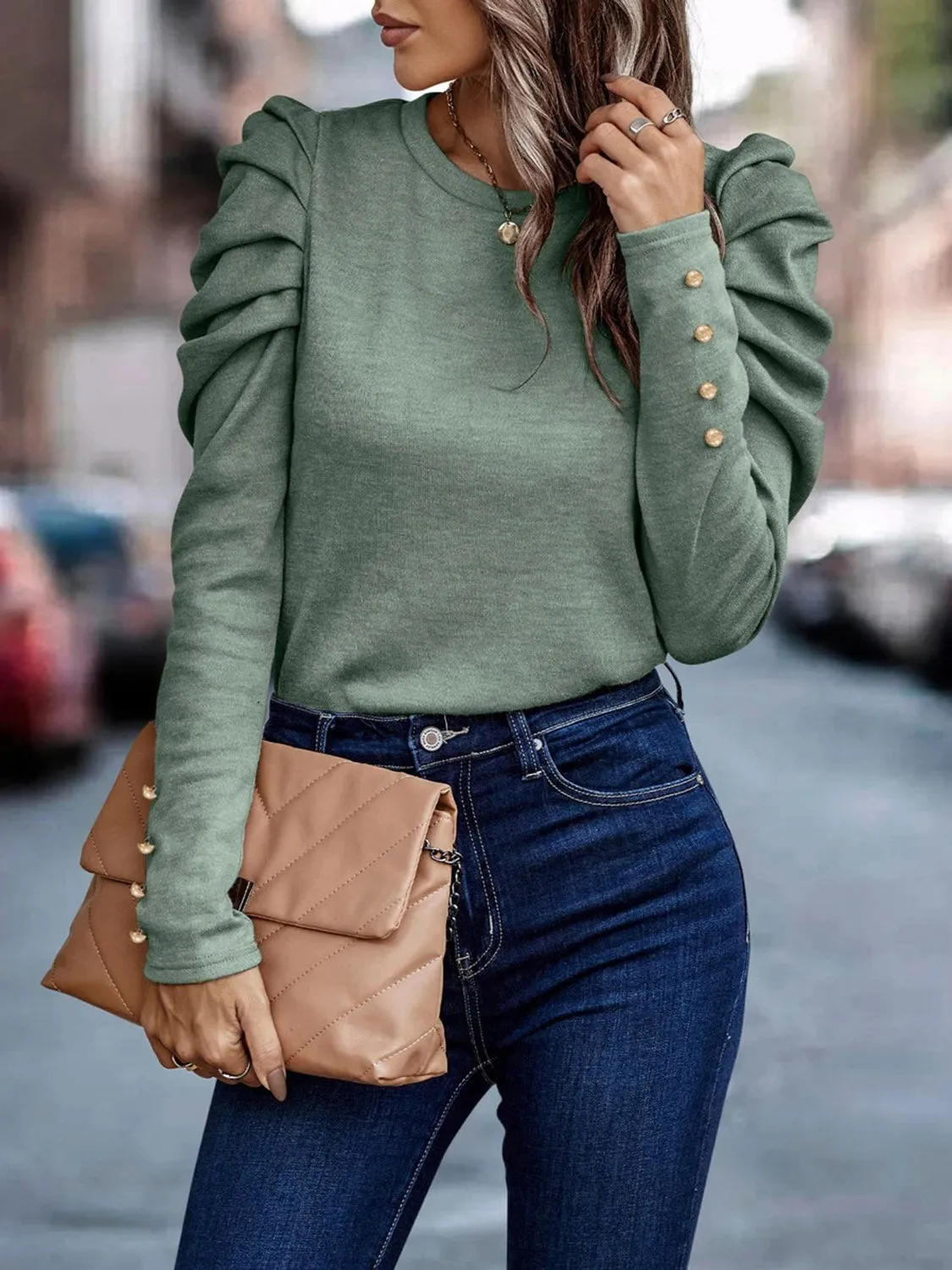 Larissa Decorative Button Puff Sleeve T-Shirt