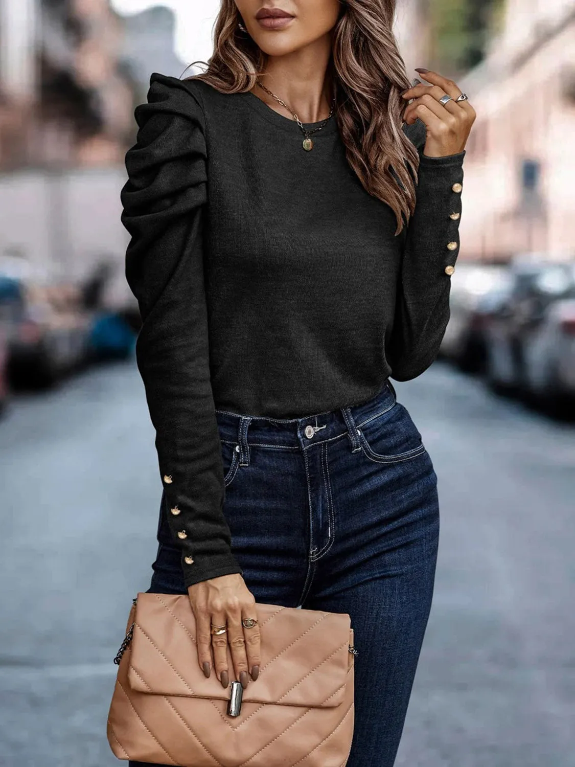 Larissa Decorative Button Puff Sleeve T-Shirt