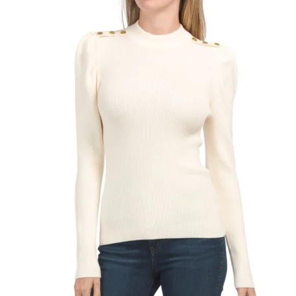 LAUNDRY Ivory Puff Sleeve Mock Neck Sweater  291tn