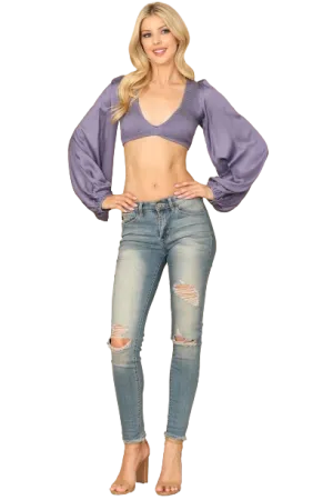 Lavender Bralette Shirred Front Long Puff Sleeve Satiny Top - Pack of 5