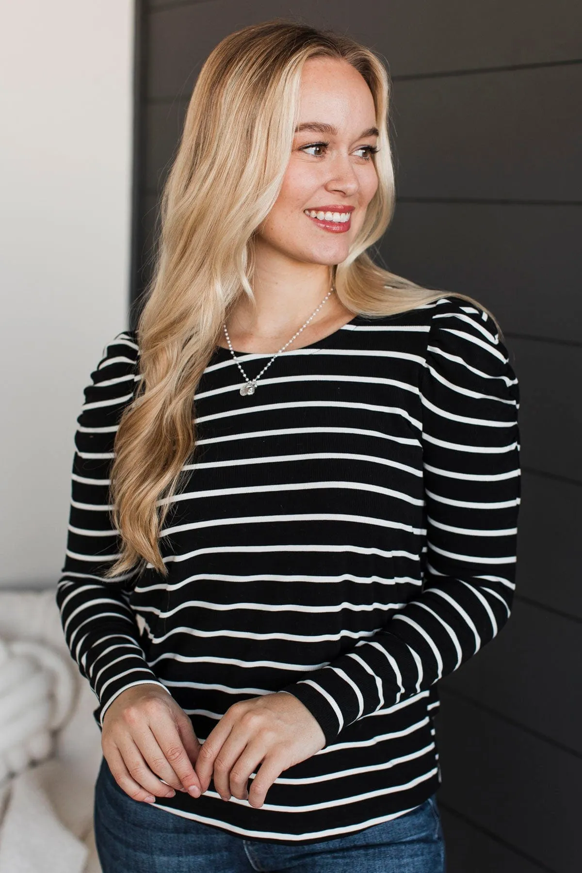 Love Prevails Puff Sleeve Striped Top- Black & White