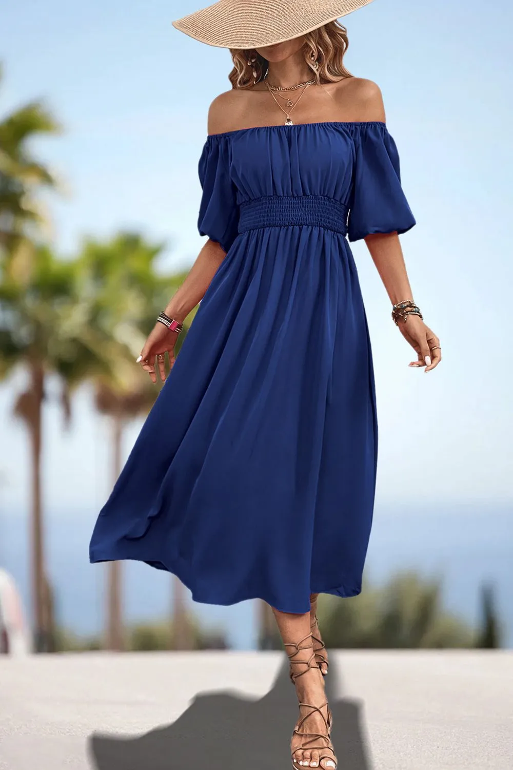 Lula Square Neck Smocked Waist Puff Sleeve Midi Dress