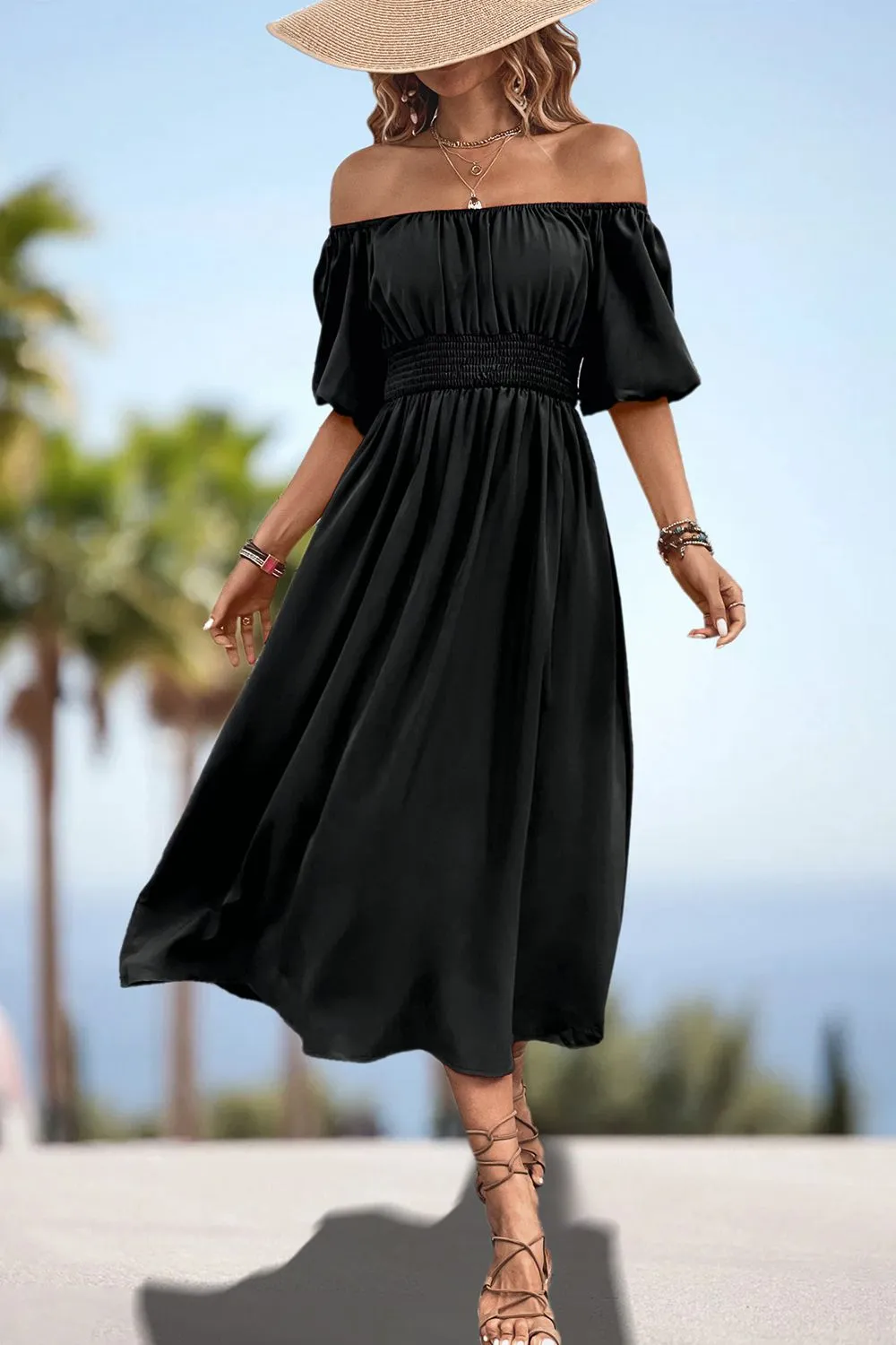 Lula Square Neck Smocked Waist Puff Sleeve Midi Dress