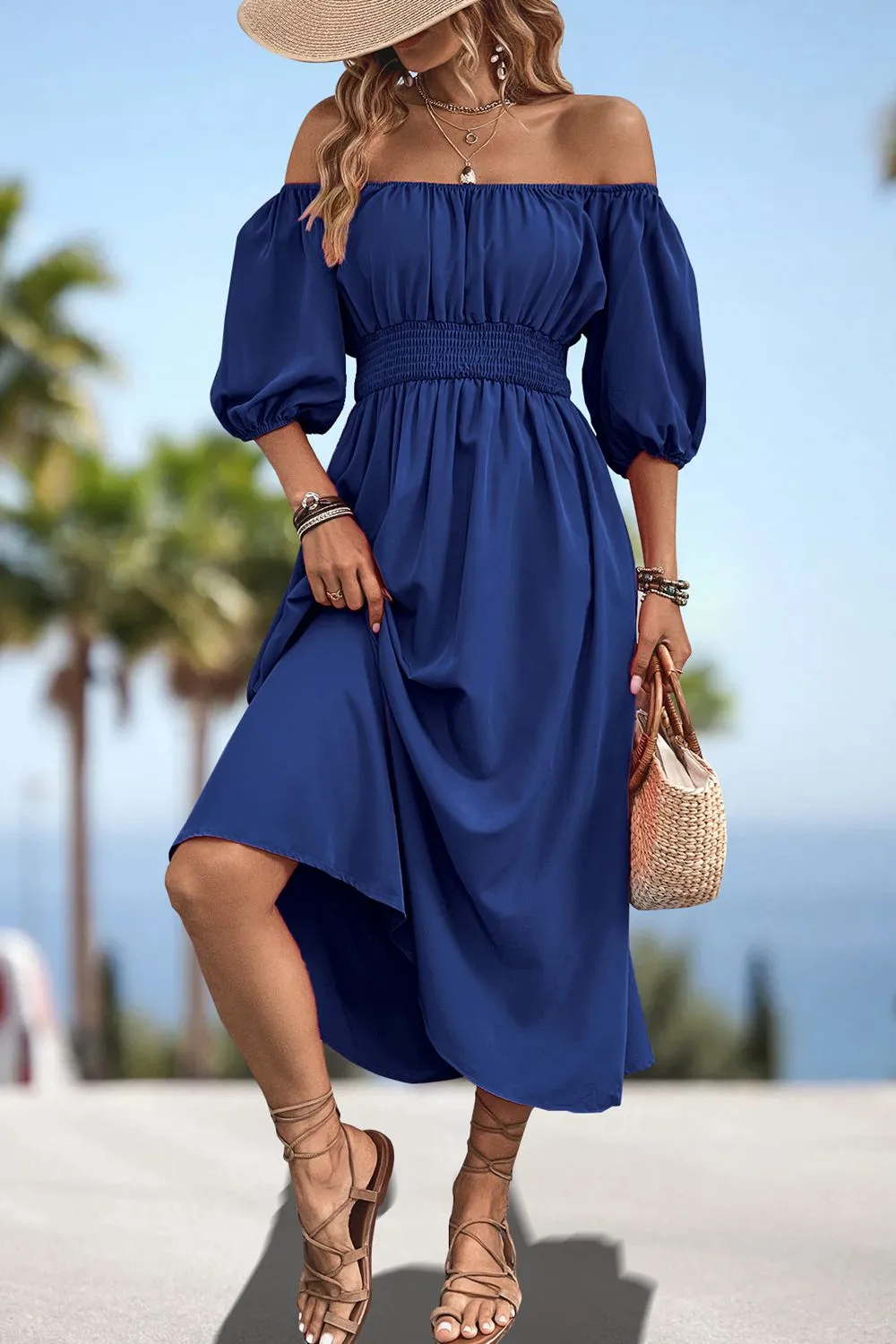 Lula Square Neck Smocked Waist Puff Sleeve Midi Dress