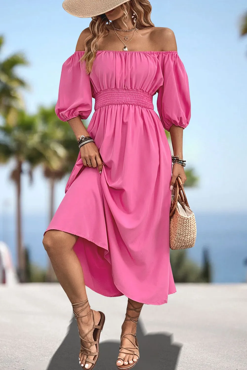 Lula Square Neck Smocked Waist Puff Sleeve Midi Dress