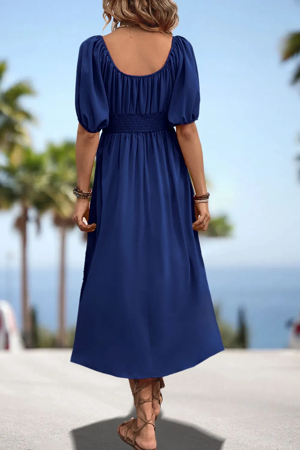 Lula Square Neck Smocked Waist Puff Sleeve Midi Dress