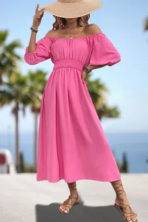 Lula Square Neck Smocked Waist Puff Sleeve Midi Dress
