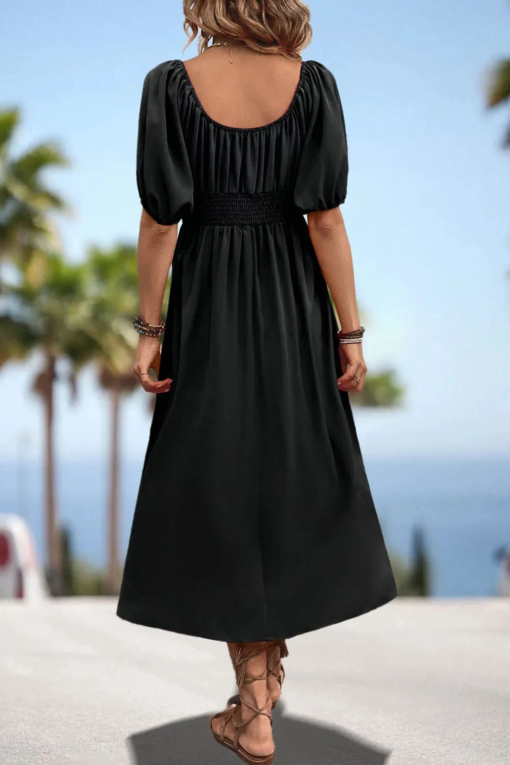 Lula Square Neck Smocked Waist Puff Sleeve Midi Dress