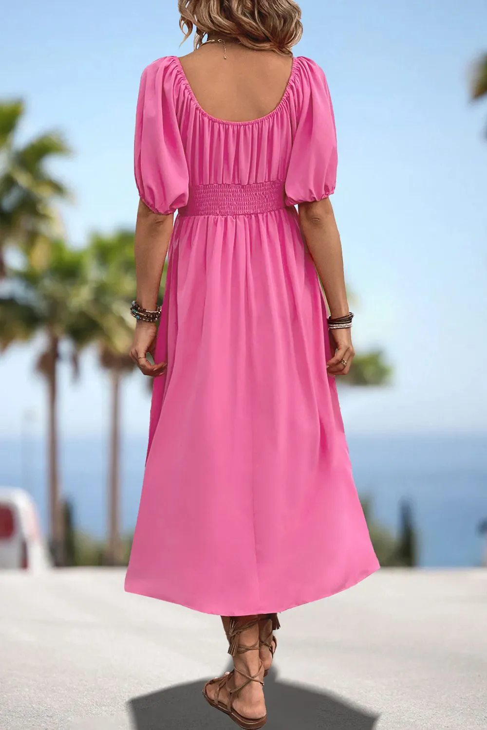 Lula Square Neck Smocked Waist Puff Sleeve Midi Dress