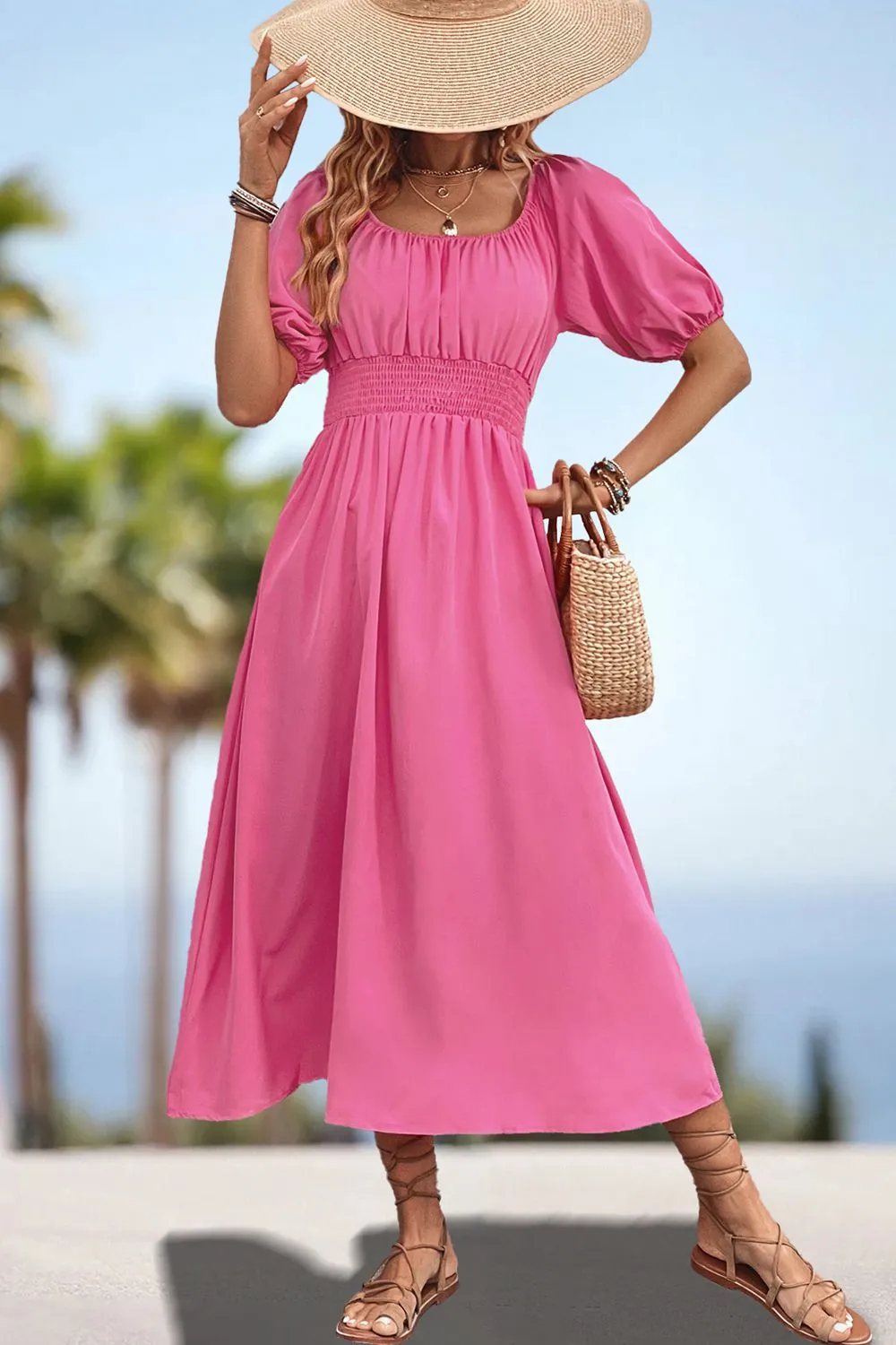 Lula Square Neck Smocked Waist Puff Sleeve Midi Dress