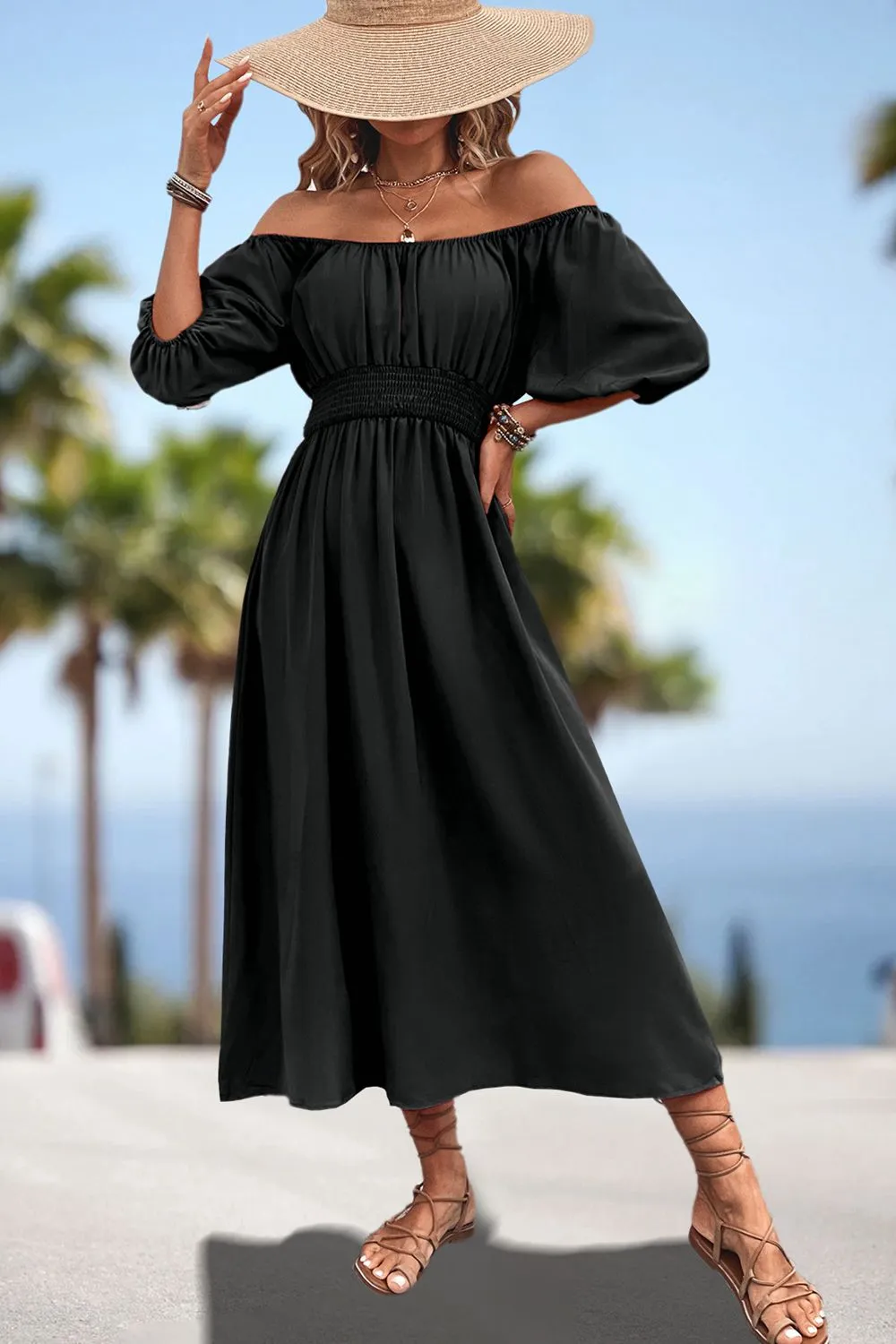 Lula Square Neck Smocked Waist Puff Sleeve Midi Dress