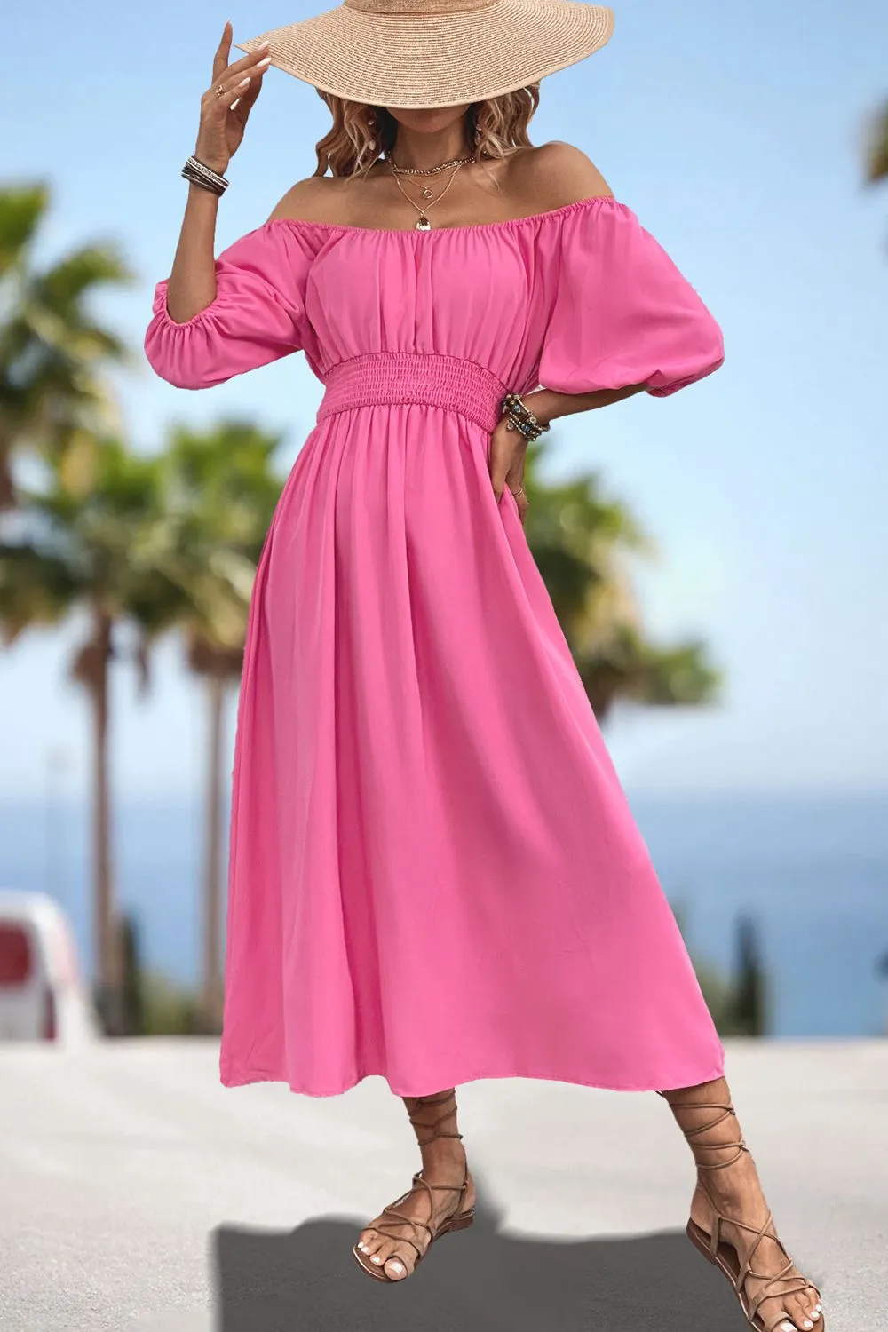 Lula Square Neck Smocked Waist Puff Sleeve Midi Dress