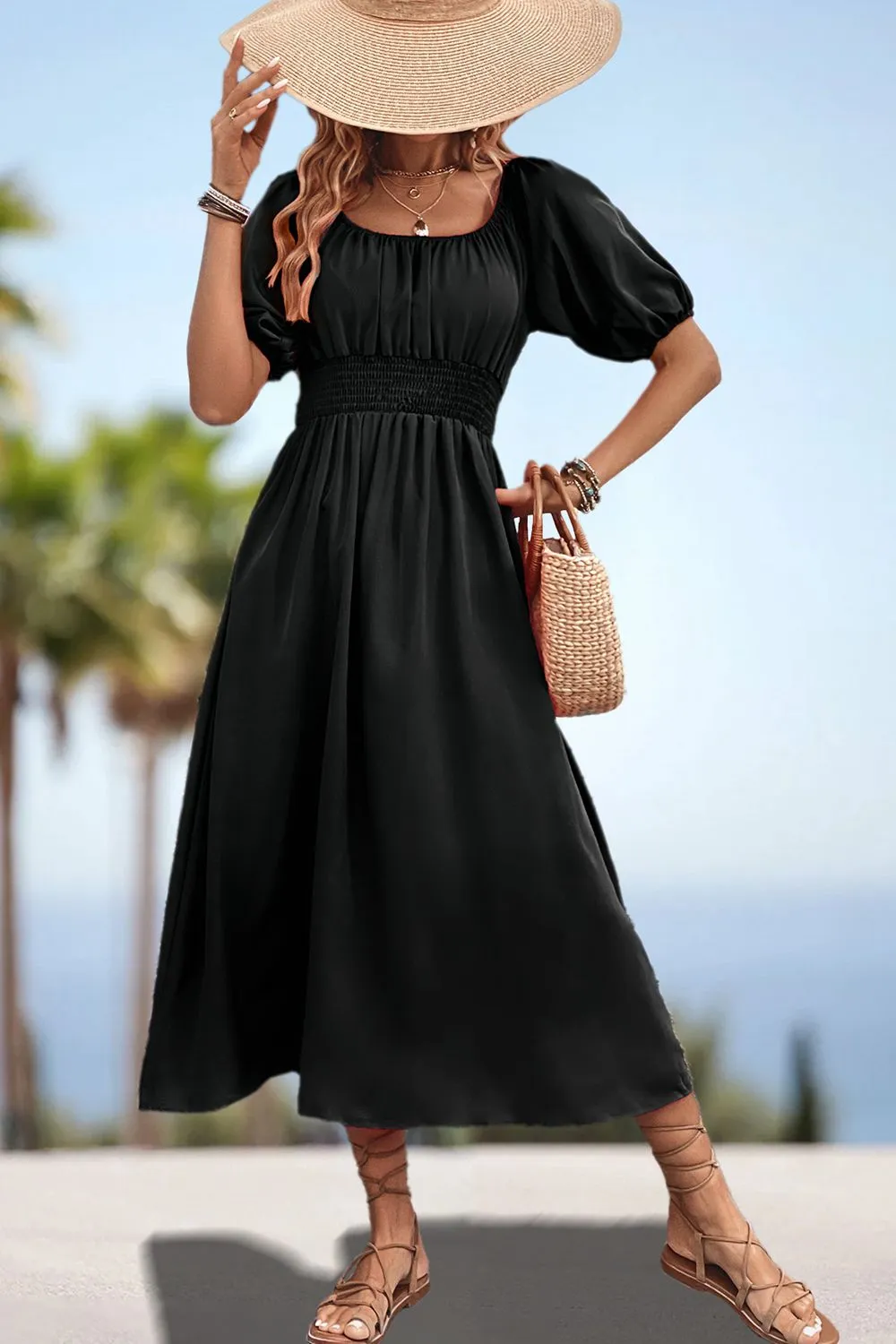 Lula Square Neck Smocked Waist Puff Sleeve Midi Dress