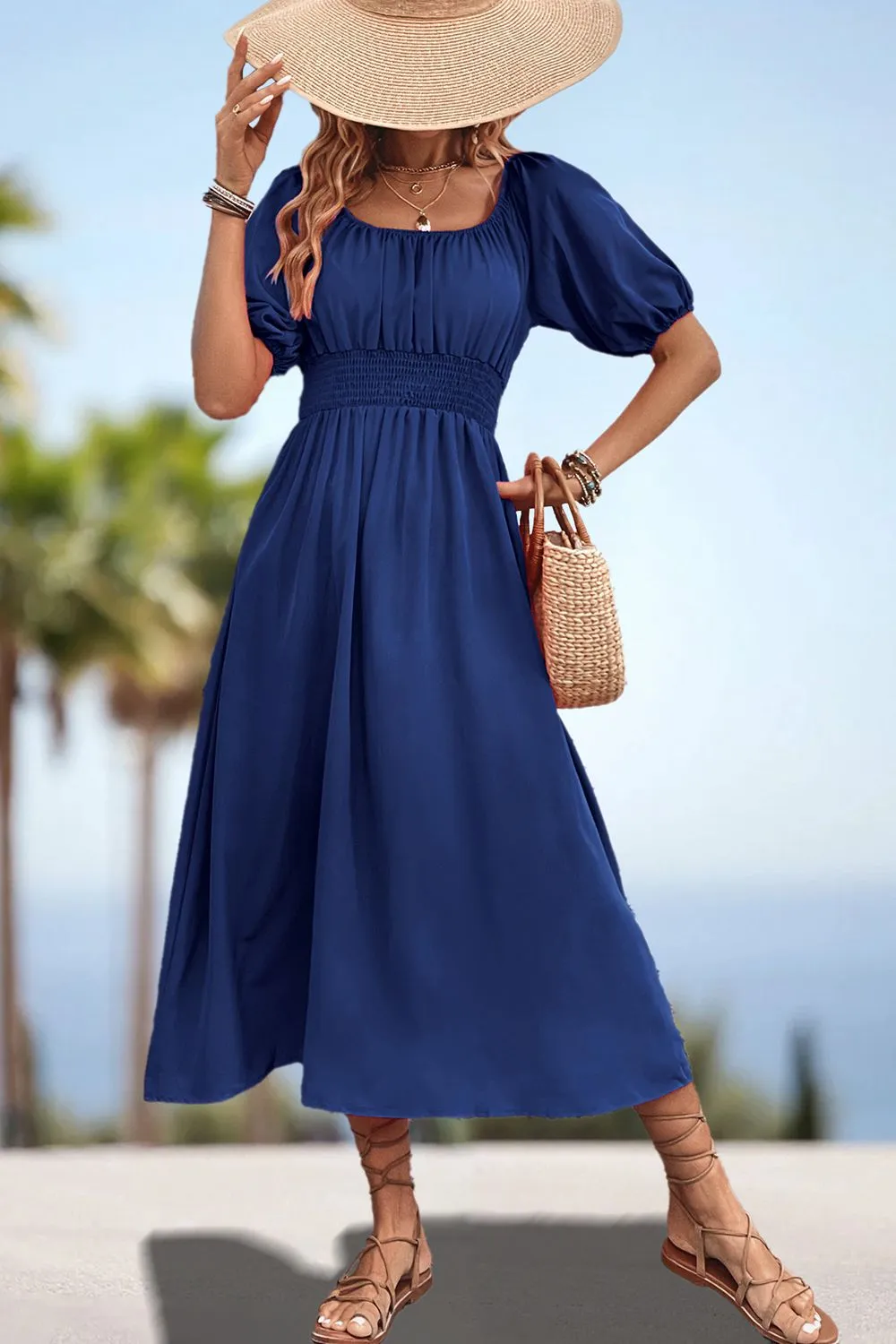 Lula Square Neck Smocked Waist Puff Sleeve Midi Dress