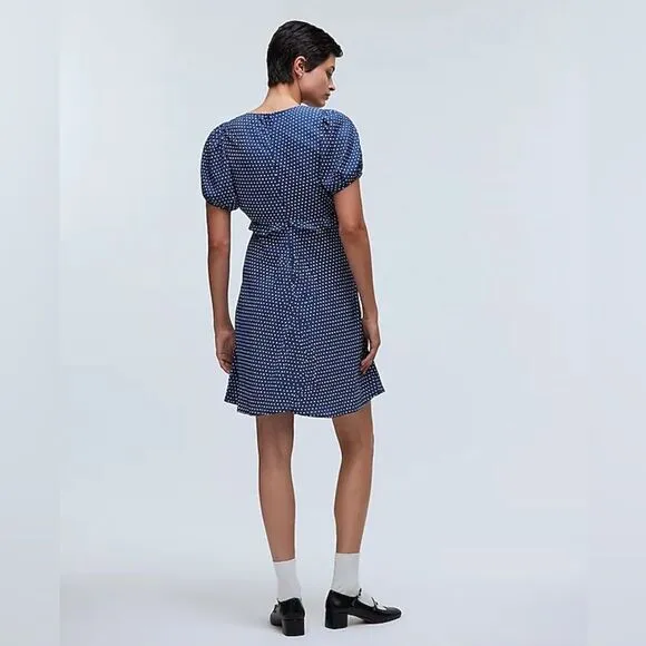Madewell NWT Puff-Sleeve Ruffle Mini Dress in Polka Dot Size 2 in Curfew Blue