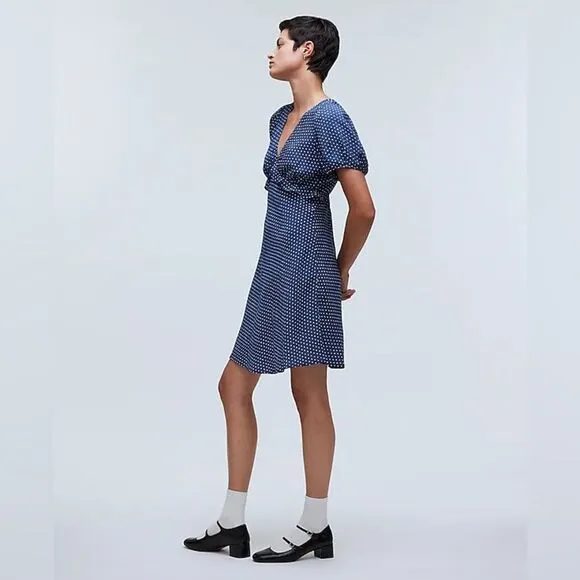 Madewell NWT Puff-Sleeve Ruffle Mini Dress in Polka Dot Size 2 in Curfew Blue