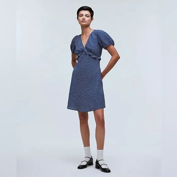 Madewell NWT Puff-Sleeve Ruffle Mini Dress in Polka Dot Size 2 in Curfew Blue