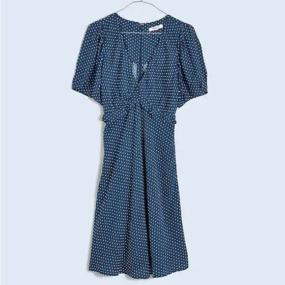 Madewell NWT Puff-Sleeve Ruffle Mini Dress in Polka Dot Size 2 in Curfew Blue
