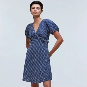 Madewell NWT Puff-Sleeve Ruffle Mini Dress in Polka Dot Size 2 in Curfew Blue