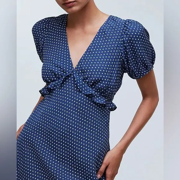 Madewell NWT Puff-Sleeve Ruffle Mini Dress in Polka Dot Size 2 in Curfew Blue