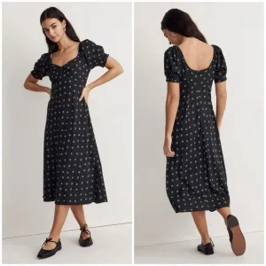 Madewell Sweetheart Puff Sleeve Midi Dress Stardot Size 4 Black White Preppy
