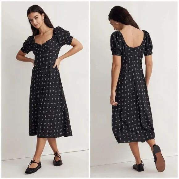 Madewell Sweetheart Puff Sleeve Midi Dress Stardot Size 4 Black White Preppy