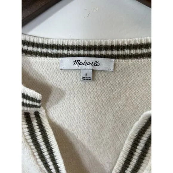 Madewell Women’s Wool Blend Sweater Size S Cream Green V-Neck Puff Sleeve Preppy