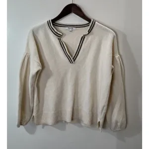 Madewell Women’s Wool Blend Sweater Size S Cream Green V-Neck Puff Sleeve Preppy
