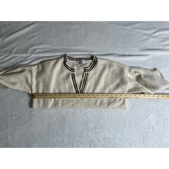 Madewell Women’s Wool Blend Sweater Size S Cream Green V-Neck Puff Sleeve Preppy