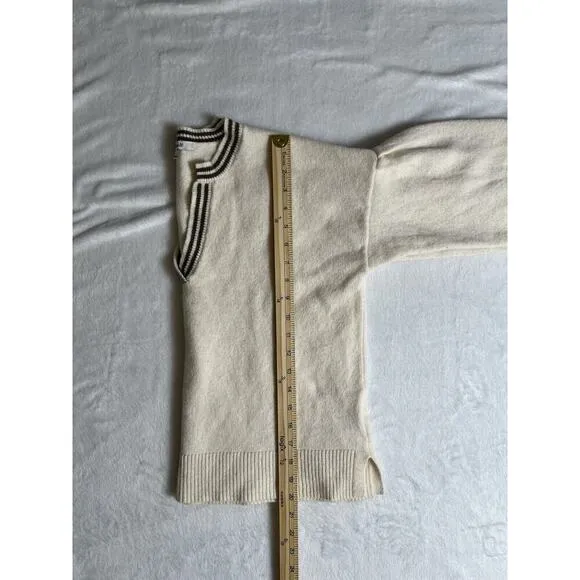 Madewell Women’s Wool Blend Sweater Size S Cream Green V-Neck Puff Sleeve Preppy
