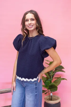 Navy Wavy Trim Bubble Sleeve Top 34511