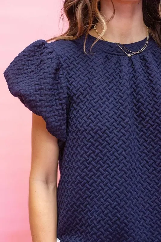Navy Wavy Trim Bubble Sleeve Top 34511