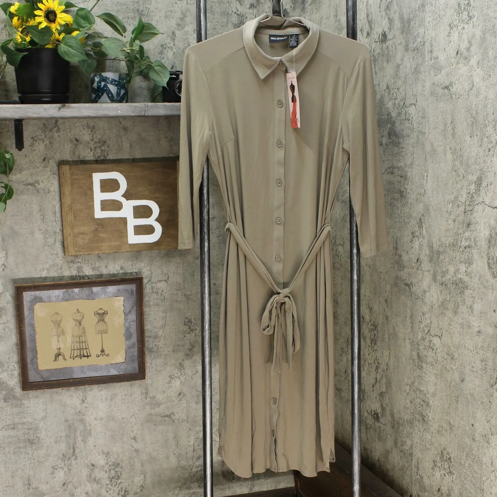 Nina Leonard 3/4-Sleeve Button Down Shirt Dress