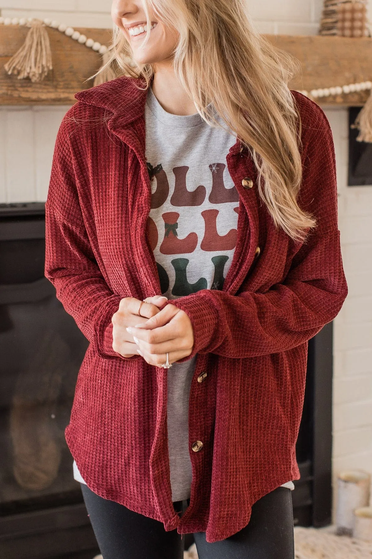 One Step Ahead Knit Button Top- Burgundy